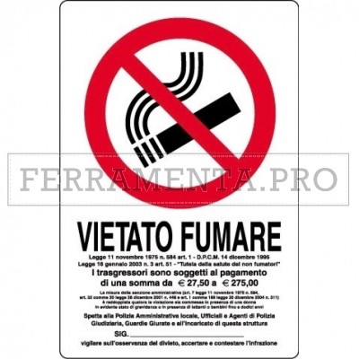 CARTELLI -VIETATO FUMARE- CM.30X20 IN PLASTICA C/INDICAZIONI LEGGEGE CA20X30-12