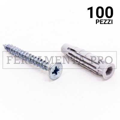 100 pezzi TASSELLO in NYLON T6/VA con VITE 6x30mm TASSELLO ANCORANTE UNIVERSALE in NYLON PLASTICA con VITE T6/VA PROFESSIONALE