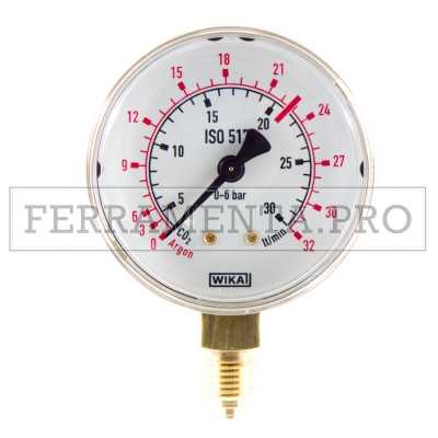 MANOMETRO 0-6 bar 32 lt/CFH per GAS CO2 ARGON RICAMBIO RIDUTTORE di PRESSIONE