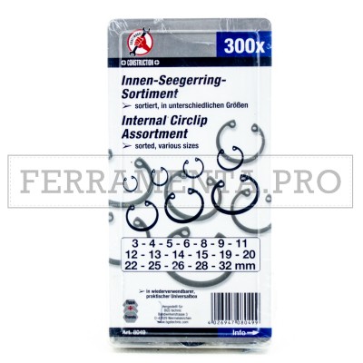KIT ASSORTIMENTO 300 ANELLI ELASTICI SEEGER INTERNI 3-32mm PROFESSIONALI PERNI ALBERI