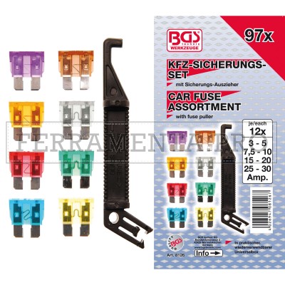 KIT ASSORTIMENTO SCATOLA 96 FUSIBILI LAMELLARI AUTO 19mm VARI AMP con ESTRATTORE