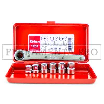 KIT CASSETTA in METALLO con 6 CHIAVI a BUSSOLA ESAGONALI e CHIAVE CRICCHETTO REVERSIBILE KOKEN