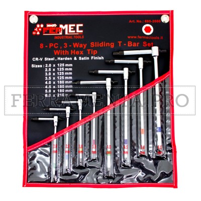 KIT 8 CHIAVI a T 3 TESTE MASCHIO ESAGONALI con ASTA SCORREVOLE CHROME VANADIUM