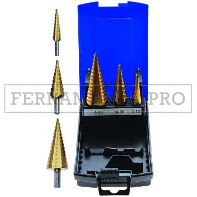SET 3 FRESE PUNTE CONICHE a GRADINO al TITANIO da 4 a 30 mm per METALLO TRAPANO