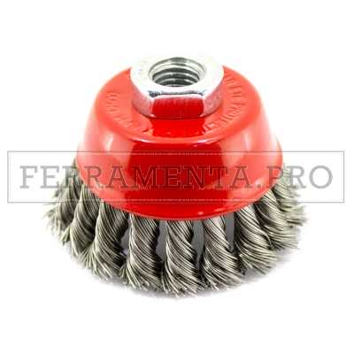 SPAZZOLA A TAZZA FILI INOX RITORTI INTRECCIATI ATTACCO M14 SMERIGLIATRICE per PULIRE ACCIAIO INOSSIDABILE