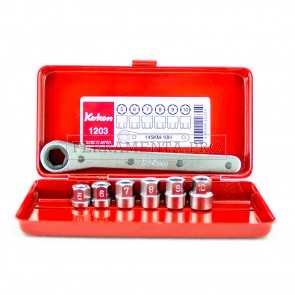 KIT CASSETTA in METALLO con 6 CHIAVI a BUSSOLA ESAGONALI e CHIAVE CRICCHETTO REVERSIBILE KOKEN