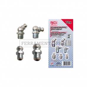 ASSORTIMENTO 70 PZ TESTINE INNESTO INGRASSATORI CROMATI DIRITTI ANGOLARI AUTO